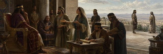 The Shunammite woman appealing to the king as Gehazi recounts Elisha’s miracles